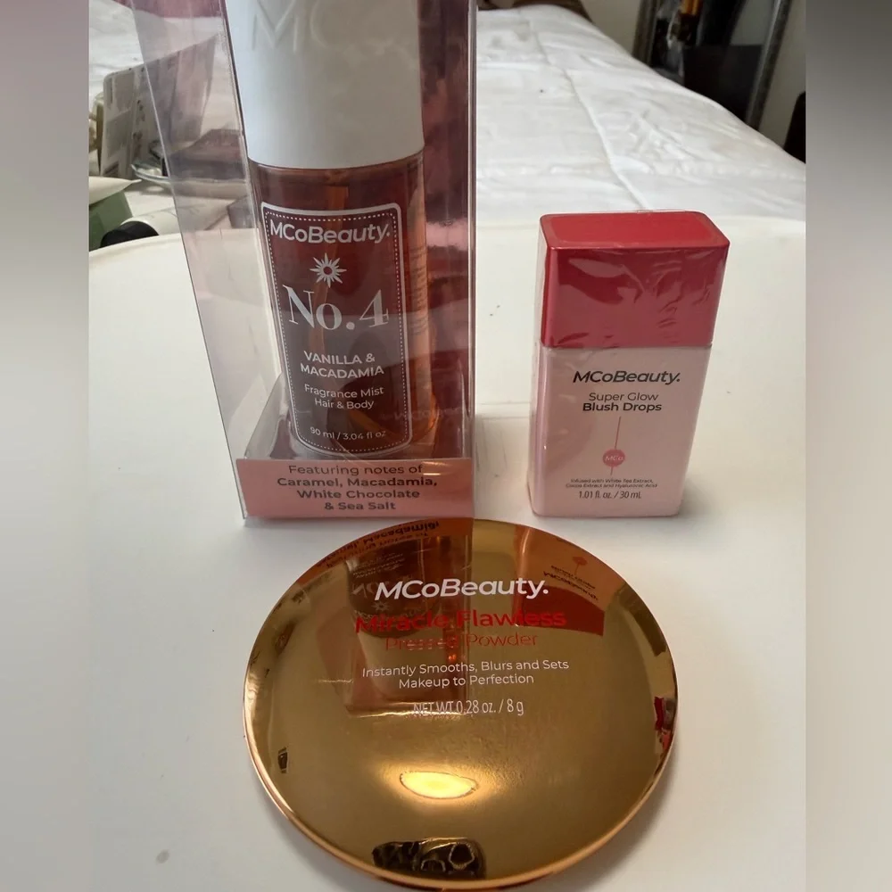 Mcobeauty makeup and fragrance bundle- blush drops, translucent powder, #4 mist